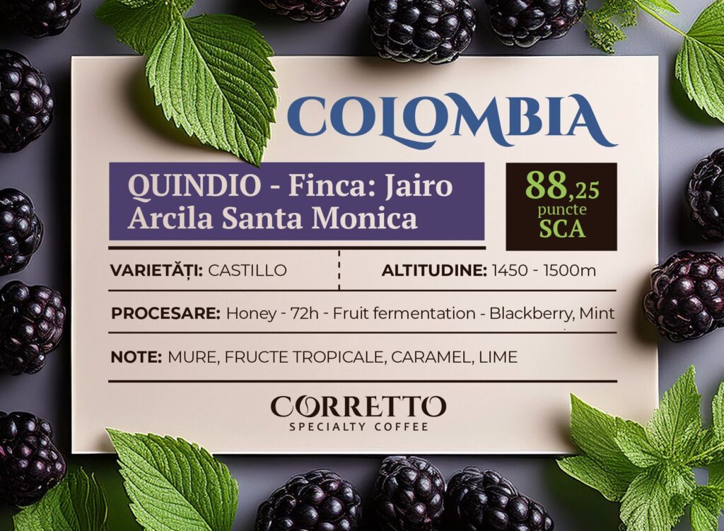 de Specialitate Corretto, Columbia Quindio Santa Monica Blackberry Mint, Co-fermentată, 100% Arabica, 88,25 puncte SCA 2