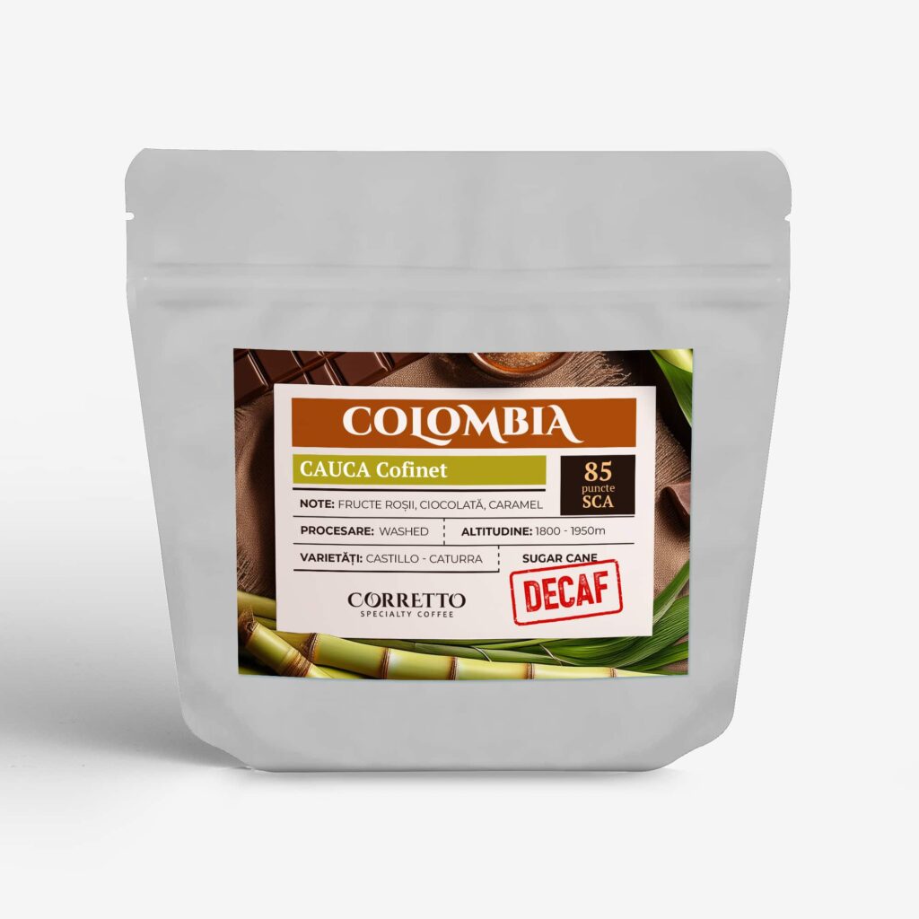 de Specialitate Corretto, Columbia Cauca Cofinet, Decofeinizată, Washed, 100% Arabica, 85 puncte SCA