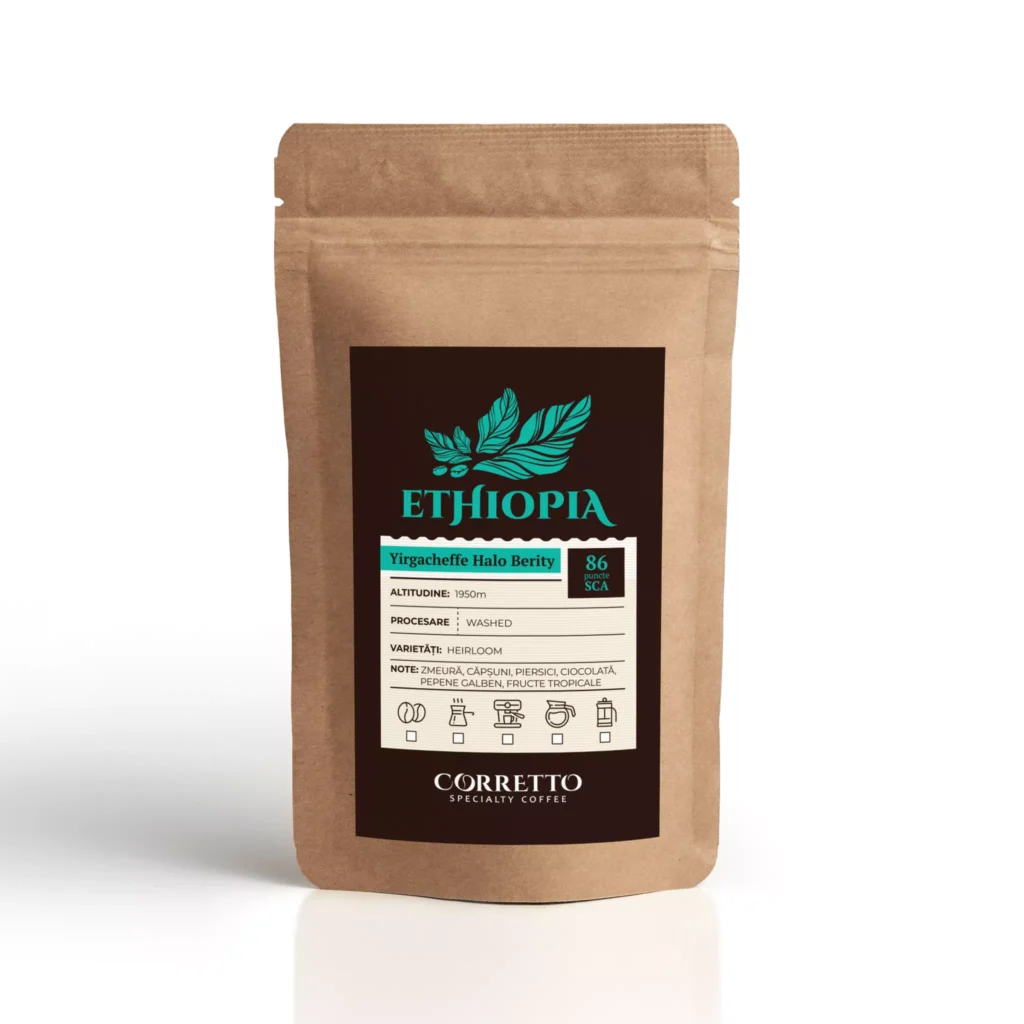 de Specialitate Corretto, Etiopia Yirgacheffe Halo Berity, Washed, 100% Arabica, 86 Puncte SCA