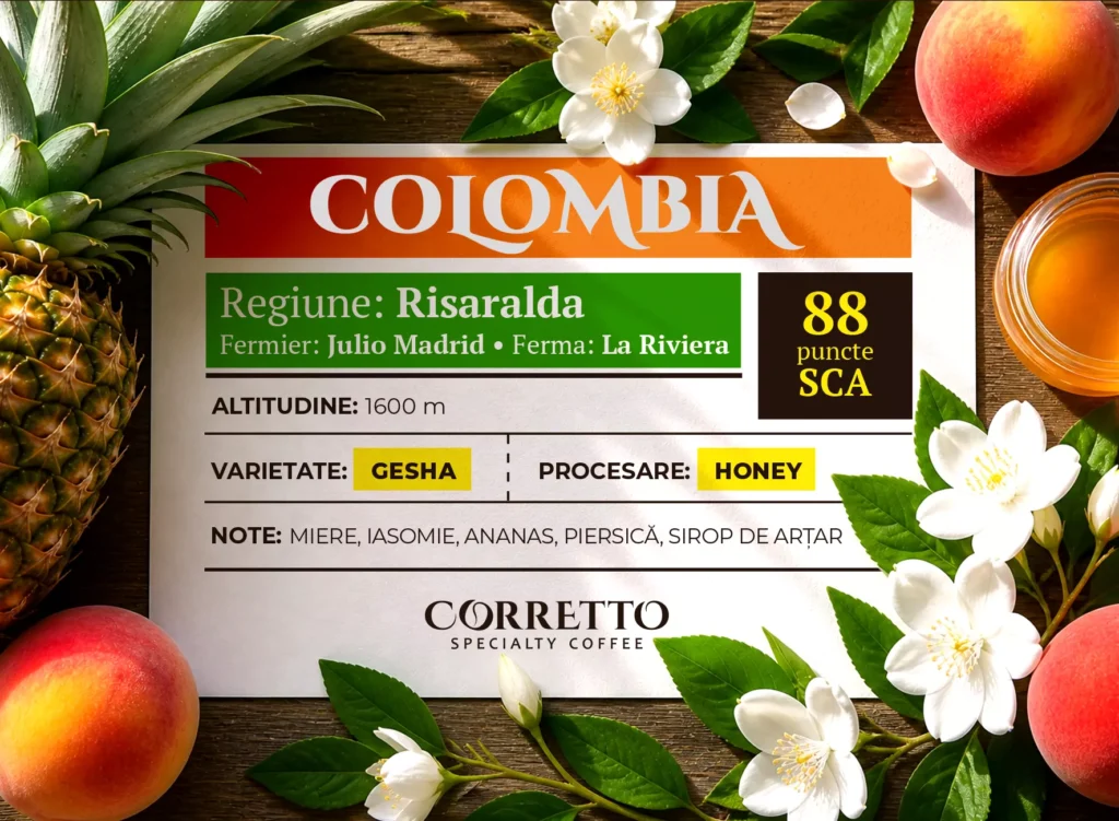 de Specialitate Corretto, Columbia Risaralda Gesha, Honey, 100% Arabica, 88 puncte SCA 2