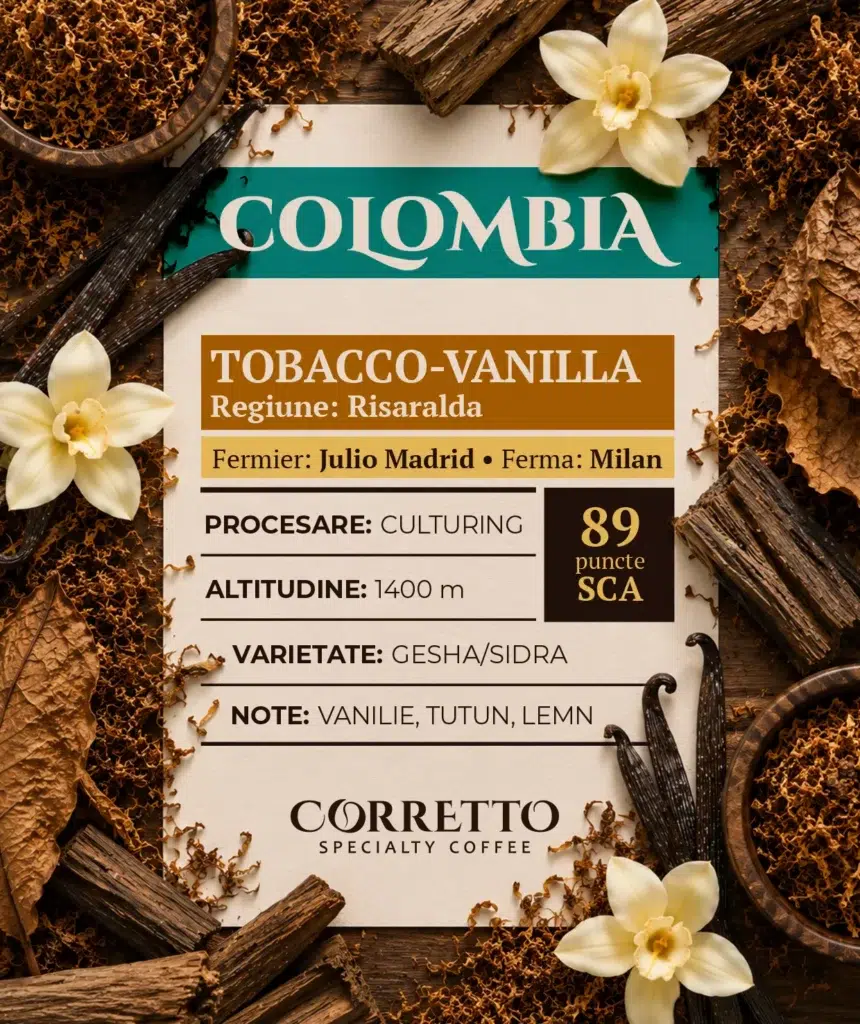 de Specialitate Corretto, Columbia Risaralda Tobacco Vanilla, 100% Arabica, 89 puncte SCA 2