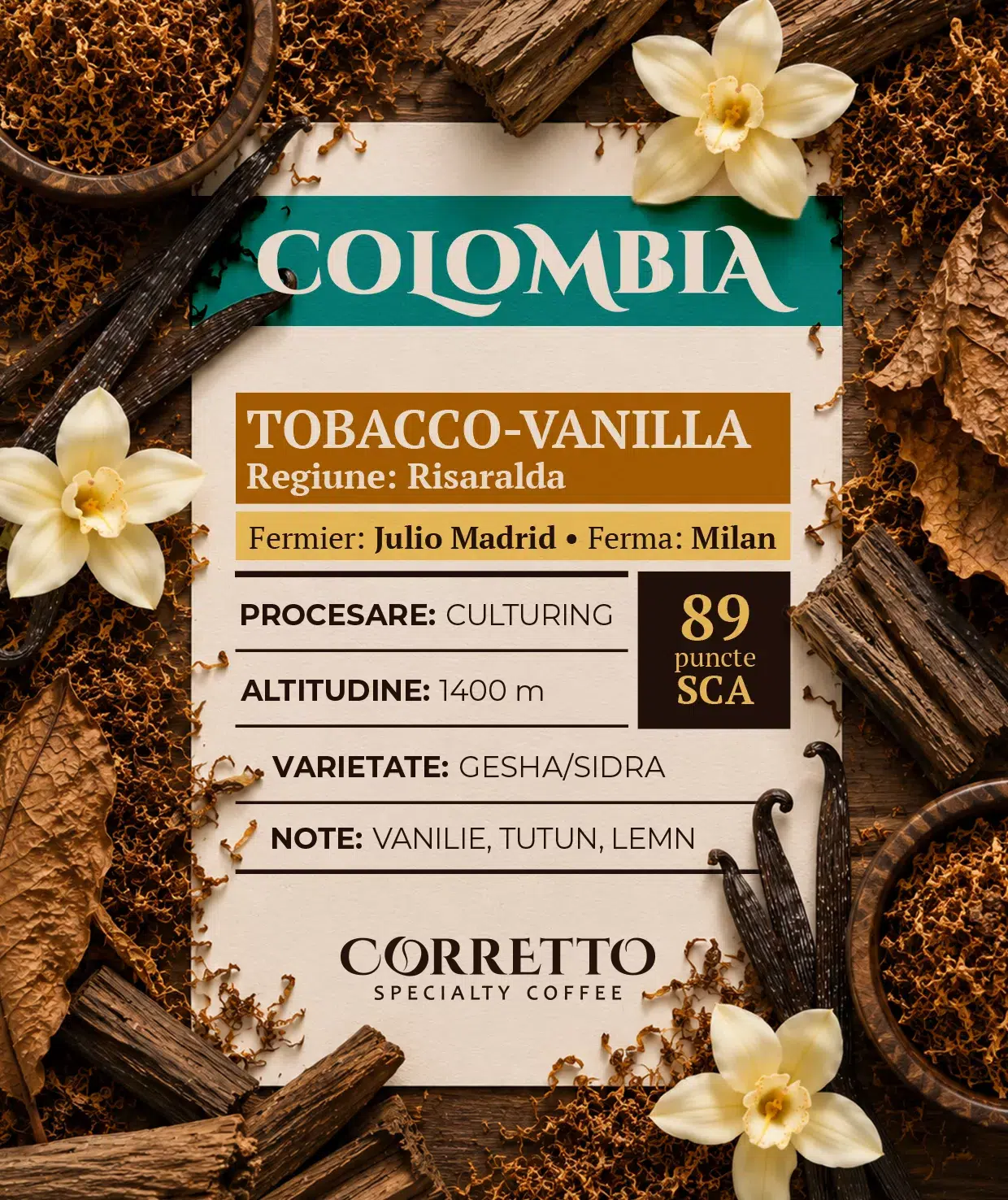 Cafea Boabe de Specialitate Corretto, Columbia Risaralda Tobacco Vanilla, 100% Arabica, 89 puncte SCA - imagine 2